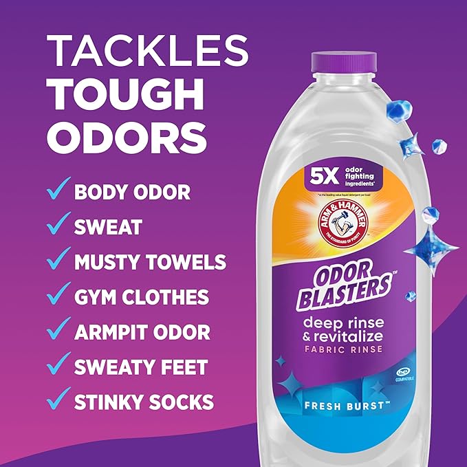ARM & HAMMER Odor Blasters Deep Rinse and Revitalize Fabric Rinse, Laundry Additive, Eliminates Sweat and Musty Odors, Fresh Burst Scent, 50 fl oz