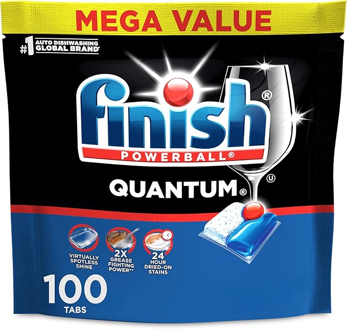 Finish Quantum Dishwasher Pods, No Pre-Rinse Dishwasher Detergent Soap Removes 24HR Dried-On Stain and Grease, Leaving a Virtually Spotless Shine, 100 Count
