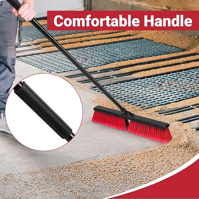 2PK 24" Push Broom Outdoor with 63" Long Handle and Stiff Bristles, Heavy Duty Outdoor Broom Brush for Workshop, Garage, Concrete, Patio and Deck Floor Sweeping