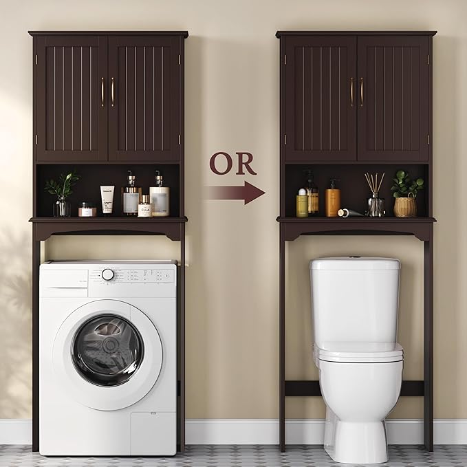 Yaheetech Over The Toilet Storage with 2 Doors & Adjustable Shelf, Free Standing Toilet Rack Wooden Space-saving Collect Cabinet, Bathroom Furniture, 9Dx24.5Wx66H Inches, Espresso
