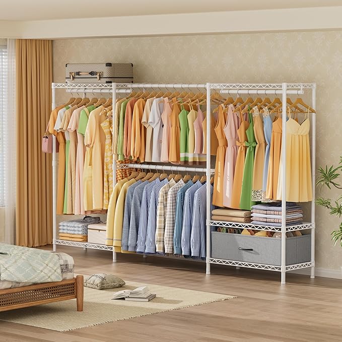 Golpart Coat Rack Clothes Wardrobe：Closet Organizer and Storage Clothing Garment Rack with Shelves Heavy Duty for Hanging Clothes Portable Adjustable White 15.8" DX69 WX76.5 H