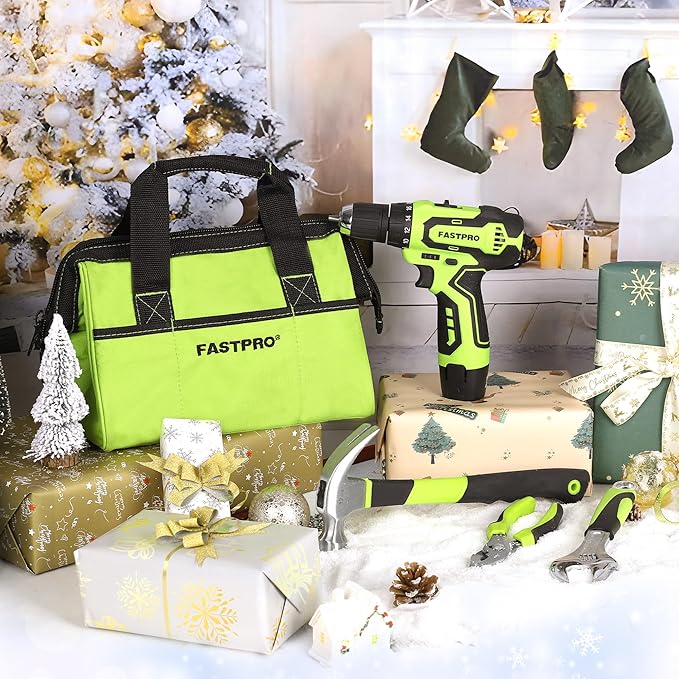 FASTPRO 175-Piece 12V Cordless Drill Set, Drill Driver and Home Tool Kit, House Repairing Tool with 12-Inch Storage Bag, For DIY, Home Maintenance, Green