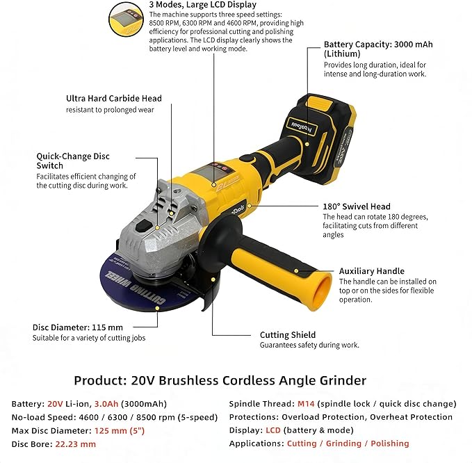 Brushless Cordless Power Tool Combo Kit for Heavy DIY & Semi-Professional Use – 50Nm Drill Driver, 380Nm Impact Wrench, 5" Angle Grinder LCD, 2×3000mAh Batteries, Carry Case &&Accessories