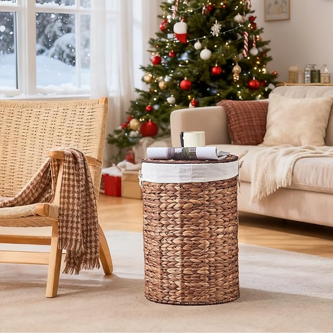 Round Water Hyacinth Laundry Hamper with Lid Handwoven Wicker Basket with Handles for Dirty Clothes, Storage, and Organization Ideal for Bedroom, Bathroom, and Laundry Room, No Assembly Required, 60L