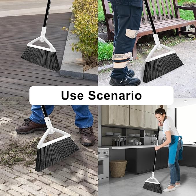 Heavy Duty Angle Broom 2 Pack - White Broom for Outdoor & Indoor, Garage, Driveway, Sidewalk, Kitchen & More, Long Handle