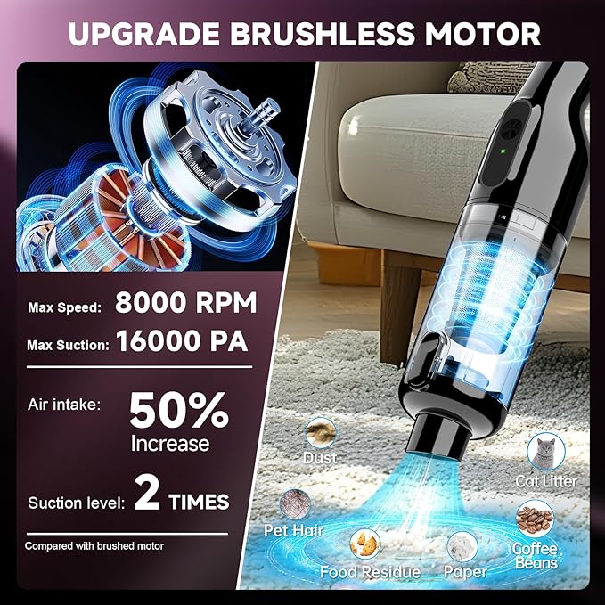 dormzie Handheld Vacuum Cordless, 16000Pa Powerful Suction, Lightweight at 1.3 lbs, Type-C Charge, Multiple Accessories, Rechargeable Car Vacuum Cleaners for Home Office Pet