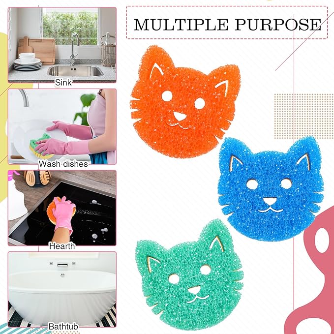3 Pcs Dual Sided Scrub Sponge Multi Functional Cute Temperature Sensitive Non Scratch Dish Sponge for Washing Dishes Kitchen Bathroom (Cat,Green, Orange, Blue)