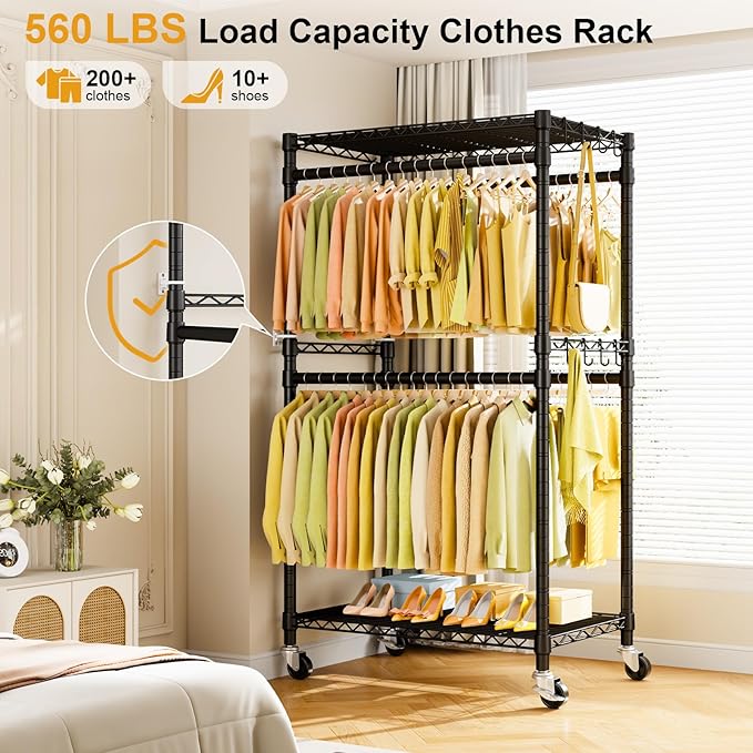 ULIFHOME P4 Rolling Clothes Rack Heavy Duty, Clothing Racks for Hanging Clothes, Freestanding Garment Racks with Wheels, Metal Portable Closet Rack 35.5''W × 20.5''D × 80.5''H, Max Load 560Lbs, Black
