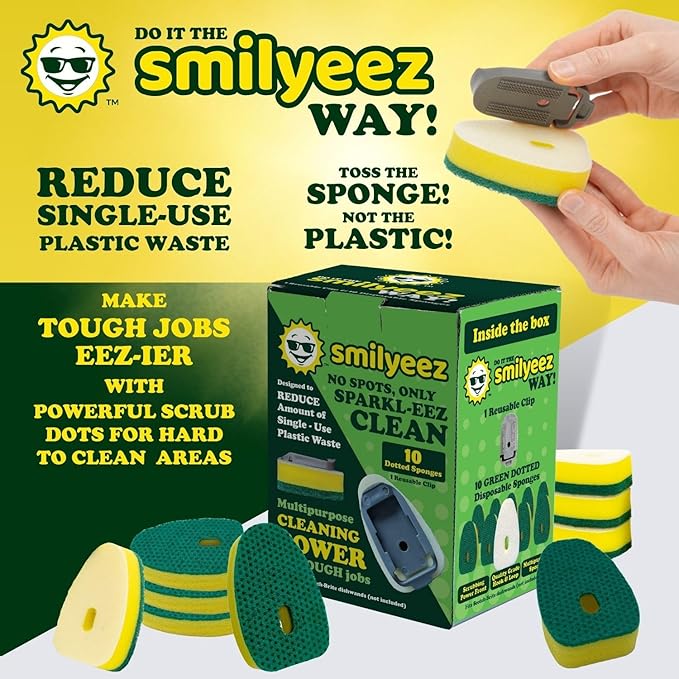 Smilyeez No Plastic Heavy Duty Green Dotted Sponge Refill (10 Pack) for Scotch Brite's Dishwand Refills with Adapter