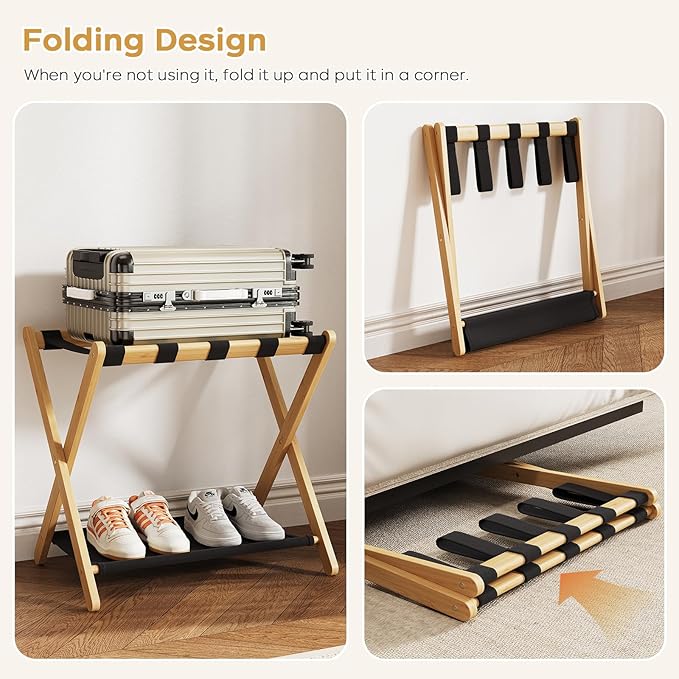 oakvivo Fully Assembled Luggage Rack, 26.77" Natural Luggage Rack for Guest Room, Bamboo Folding Suitcase Stand with Fabric Storage Shelf, Heavy Duty 5 Nylon Straps Luggage Holder for Hotel, 1 Pack