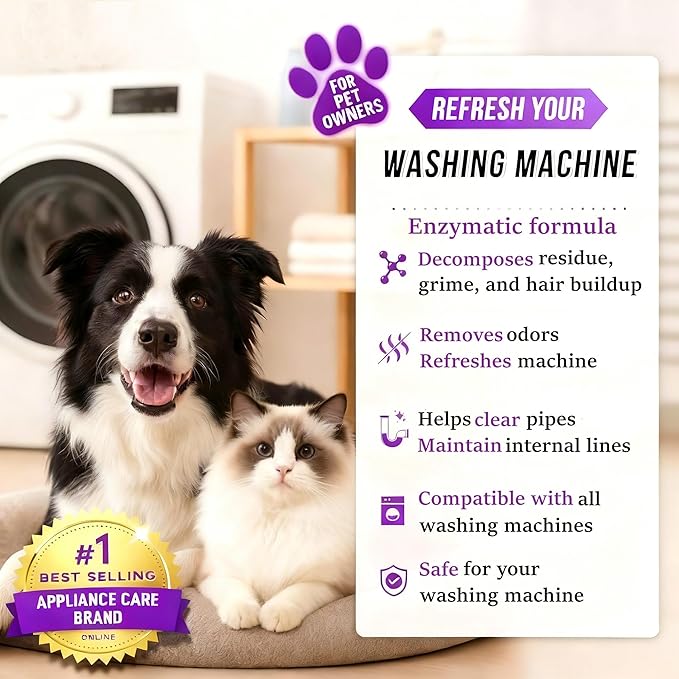 Washing Machine Cleaner Tablets for Pet Owners PRO MAX, Large Enzymatic Deep Cleaning Remove for Cat & Dog Hair, Odor, Residue, Compatible with HE, Top & Front Load