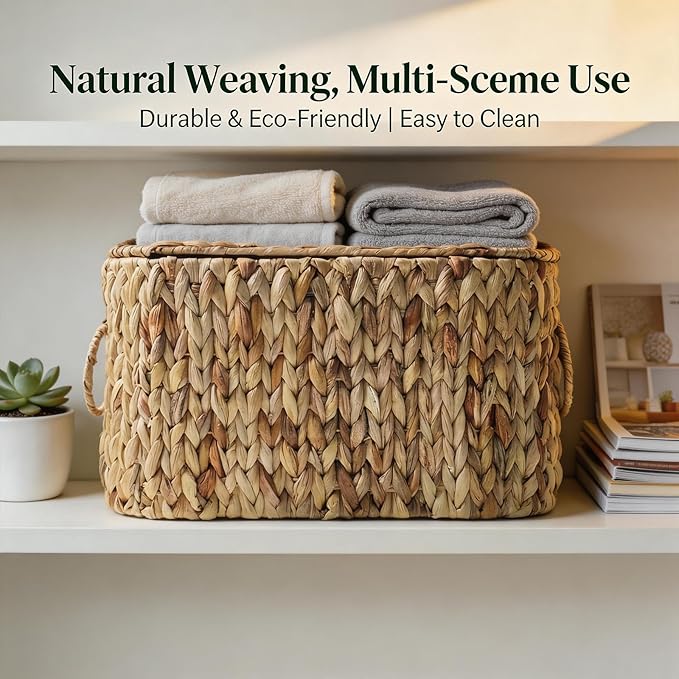 Toilet Paper Storage Basket,Water Hyacinth Wicker Basket with Lid and Handles for Bathroom Organizer and Storage,Toilet Paper Holder Stand with Storage,Papers Container for up to 6 Mega Rolls