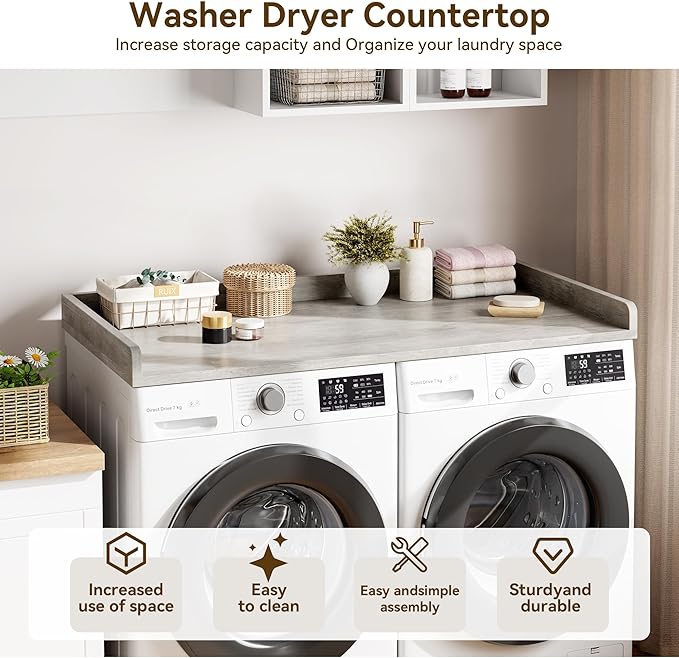 Washer Dryer Countertop, 54.3" x 27.6" Wooden Laundry Countertop with Edge Rails, Washer and Dryer Topper for Laundry Room Organization and Storage