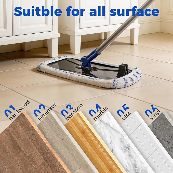 Masthome Extra Large Microfiber Mop for Floor Cleaning, 16“ Flat Mop with 5 Pad for Wet & Dry Use, Dust Mop for Hardwood Laminate Tile Ceramic, 1 Cleaning Scraper Included-Blue