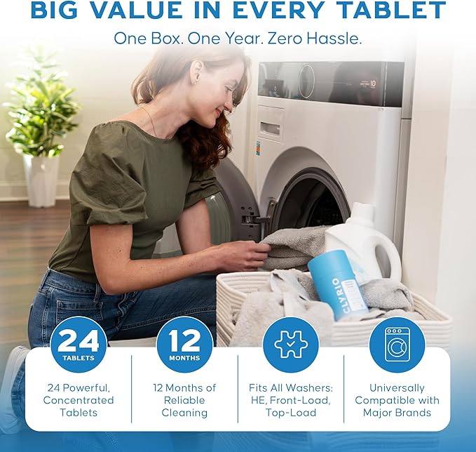 Clyrio Washing Machine Cleaner Tablets – Washer Odor Remover, Unscented Deep Clean for Smelly Washers, HE & Front Load, Septic Safe, 24 Count