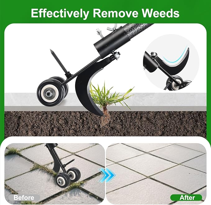 Crack Weeder Tool with Wheels 5.5FT Metal Crevice Weeding Tool with Adjustable Long Handle Saves Back & Knee Manual Weed Remover for Paver Deck Patio Driveway Sidewalk Garden