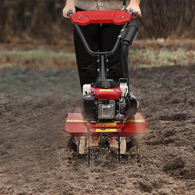 63CC Air-Cooled 4-Stroke Engine, Full-Size Front Tine Tiller, Tilling Width 13.8In, Adjustable Tilling Depth 1.97-5.90In, Rototiller Garden Tool for Weeding, Mixing Fertilizers