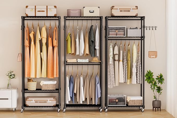Heavy Duty Rolling Garment Rack, 3 Tiers Wire Shelves Adjustable Freestanding Portable Rolling Clothing Rack with Lockable Wheels, 29.5''L x 15.8''W x 78.8''H, Max Load 400 LBS