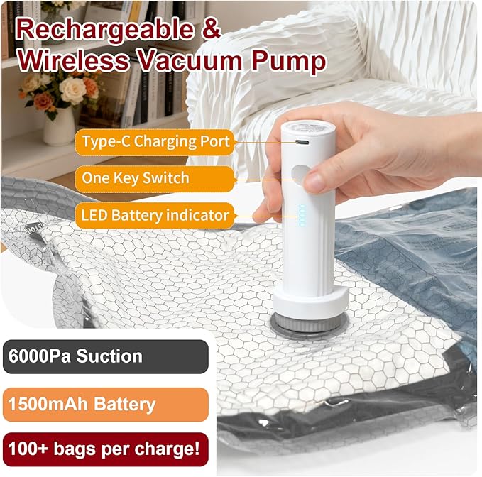 Rechargeable Wireless Pump Travel Storage Bags Set, 15 Combo (5XS/5S/5M) Portable Space Saver Bags for Travel & Home, Vacuum Compression Packing Seal for Clothes, Blankets, Home Seasonal Storage