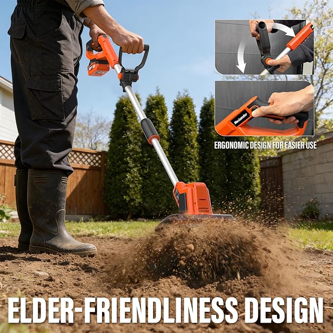 MAXLANDER 20V Cordless Tiller Cultivator, 9-Inch Electric Garden Tiller with 48 Steel Tines, 360RPM Battery Powered Rototiller for Gardening,2 x 3.0Ah Battery and Charger Included