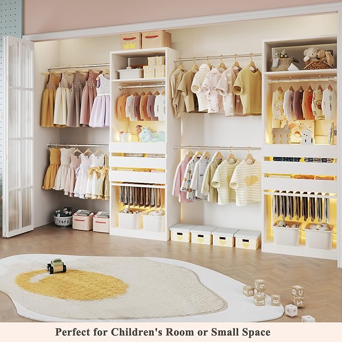 Closet System, 5.7-10.4FT Closet Organizer System with 6 Wood Drawers & LED Glasstop, Wood Walk-in Closet with 10 Hanging Rods & Trouser Rack, Built-in Wardrobe Garment Rack with Shelves & Tower,White