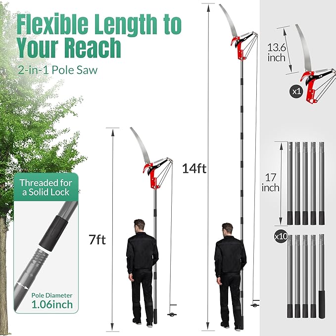 Suchtale Manual Pole Saw, Pruning Saw, Tree Pruner with Steel Blade & Scissors, Tree Trimmer for High Branches,Palms and Shrubs, 14FT Extendable Long Handle Limb Cutter, Yard Garden Branch Trimming