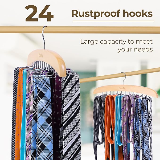 Ohuhu 24-Hook Wooden Tie Rack Organizer - Space Saving Closet Hanger with 360° Rotating Hooks, Anti-Slip Clips for Ties, Belts, Scarves - Premium Hardwood & Rustproof Steel Construction