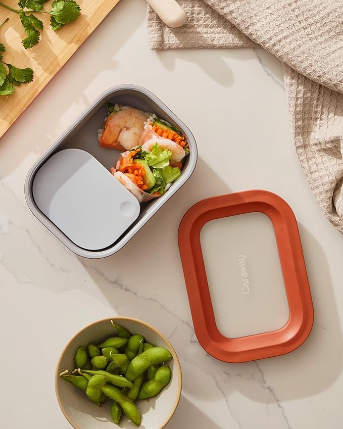 Caraway Mini Rectangle Food Storage Container - 2.6 Cup Glass Storage Container for Food - Non-Toxic Ceramic-Coated Glass - Air Release Technology - Compact & Stackable Design - Gray