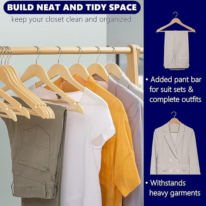 Amber Home 30 Pack Wooden Coat Hangers, Natural Wood Suit Hangers with Non-Slip Pant Bar, Clothes Hangers for Closet Organization, Shirts, Jackets, Dresses, and Pants (Natural, 30)