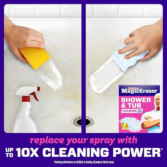 Mr. Clean Magic Eraser Sponge, Bathroom, Shower, Tub Cleaner, Soap Scum Remover, Bathroom Cleaning Supplies, Dawn Cleaning Power with Lemon Scent, Shower & Tub, 6ct