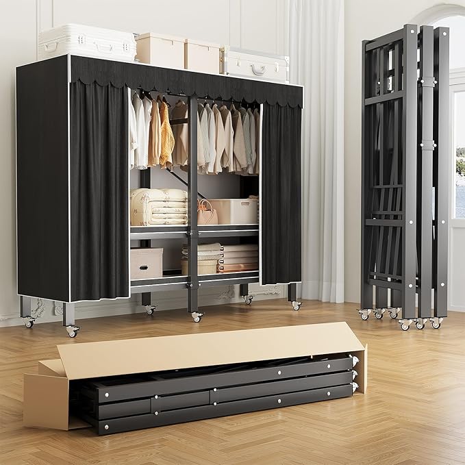 Heavy Duty Portable Closet with Cover 1200Ibs Foldable Covered Clothes Rack for Hanging Armoire Wardrobe Closet System Freestanding Coat Storage Garment Racks (168cm/66in（black）)