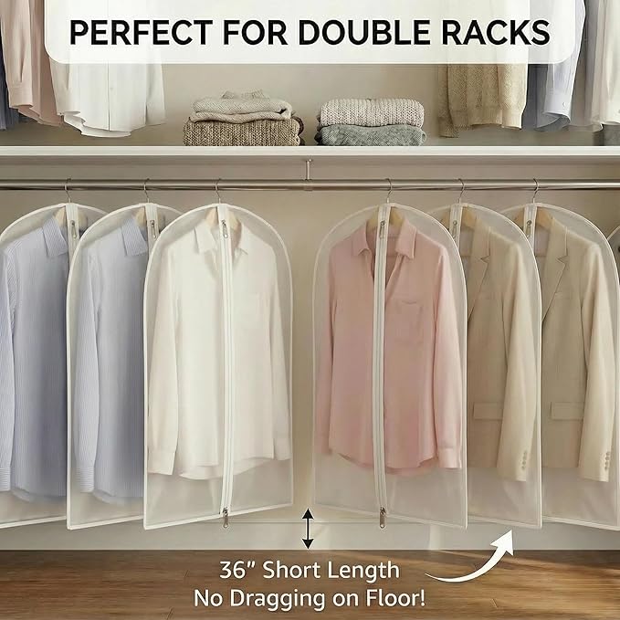 MsKitchen 6 Pack Shirt Garment Bags (24x36") - Dustproof Short Suit Covers - Durable PEVA Closet Bags with Sturdy Zipper for Blouses, Jackets, Sweaters & T-Shirts (Translucent)