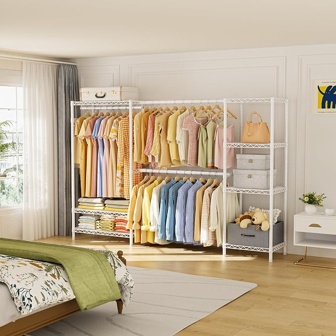 Golpart Coat Rack Clothes Wardrobe：Closet Organizer and Storage Clothing Garment Rack with Shelves Heavy Duty for Hanging Clothes Portable Adjustable White 15.8" Dx(70-88.5)" Wx76.5 H