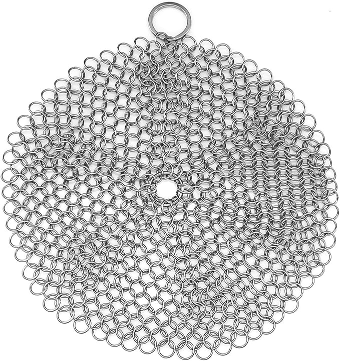 TOPULORS 316 Stainless Steel Cast Iron Skillet Cleaner Scraper Chain Link Chainmail Scrubber for Cast Iron Pans, Pre-Seasoned Pans, Griddle Pans, BBQ Grills, and More Pot Cookware-Round 7 in Diameter