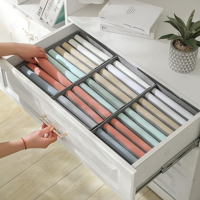 Qozary 4 Pack Drawer Organizers, 10 Grids Foldable Dresser Organizers for Clothing, Folded Clothes, T-shirt, Tank Tops, Camisoles, Underwear, Leggings, Baby Clothes