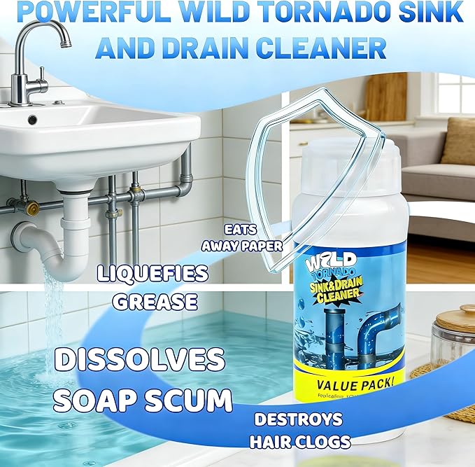 2pc Wild Tornado Sink and Drain Cleaner Powder - Powerful Pipe Dredge for Kitchen & Toilet, Drain Clog Remover, Pipeline Dredging Agent (4)