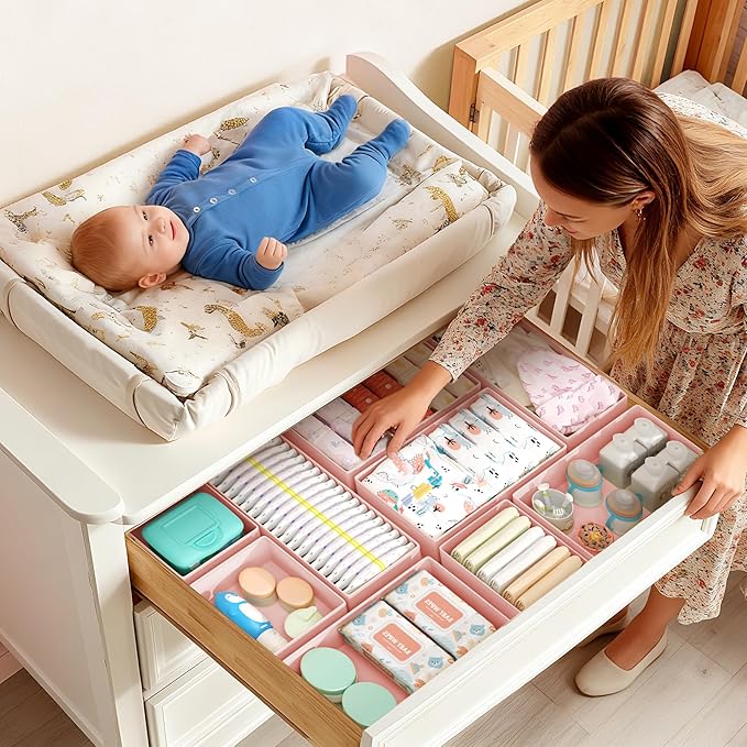 DIMJ Drawer Organizer Clothes Storage - 16 Pack Baby Dresser Organizer for Nursery, Foldable Drawer Dividers for Bedroom Closet Organization, Fabric Storage Bins for Socks, Underwears, Bras