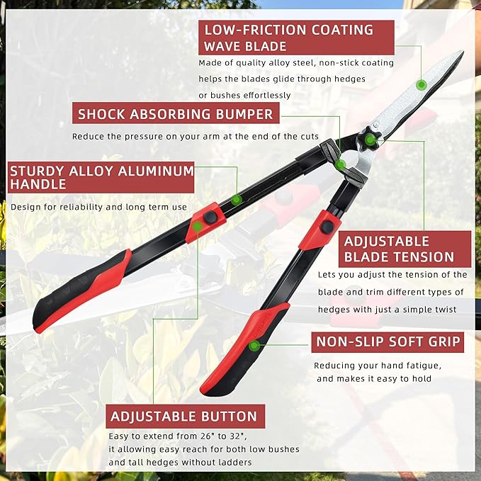 Hedge shears, Extendable 26"-32" Hedge Clippers with Sharp Wavy Blade, Manual Hedge Trimmer for Trimming Borders and Shaping Shrubs, Garden Shears Pruner for Lawn and Yard Tools