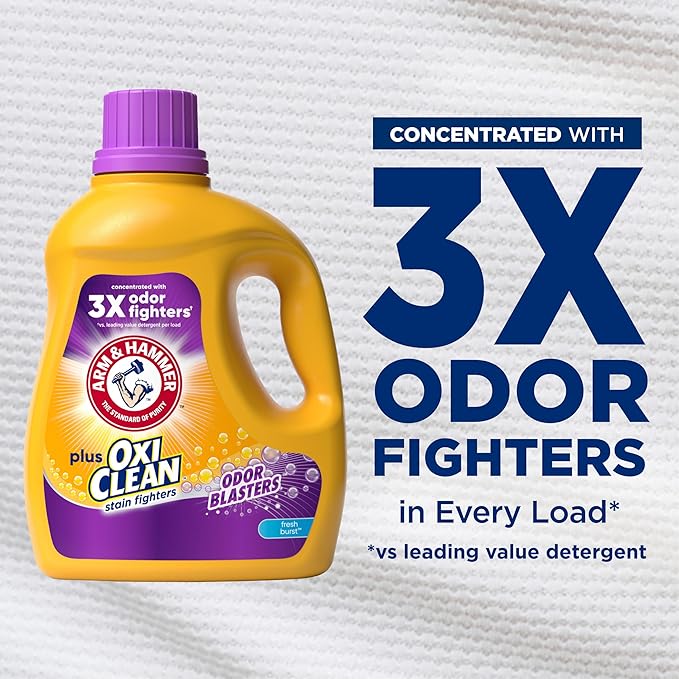 ARM & HAMMER Plus OxiClean with Odor Blasters Liquid Laundry Detergent, Laundry Odor Remover, Attacks Stains, Fresh Burst Scent, 74 Loads, 96.2 Fl Oz