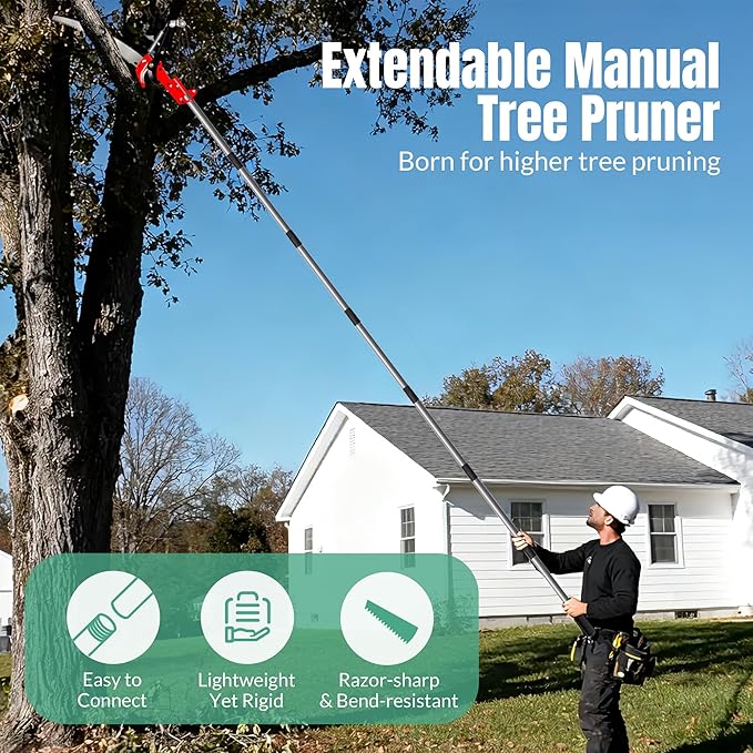 Suchtale 10FT Pole Saw for Tree Trimming, Manual Tree Pruner with Steel Blade & Scissors, Long Handle Branch Cutter Pole, Extendable Limb Trimmer for High Branches, Yard Garden Pruning Saw