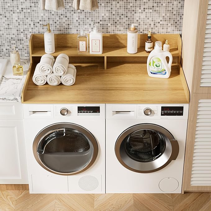 2-Tier Washer Dryer Countertop, Laundry Room Organization and Storage, 27.6" x 54" Wood Laundry Countertop for Washer and Dryer, Natural