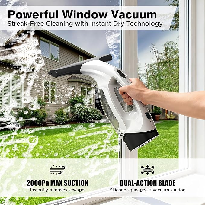 Window Vacuum Squeegee Cordless, Electric Window Cleaner Tool with Water Collection Tank, Window Cleaning Kit Shower Squeegee for Glass Doors, Windows, Mirrors, Car