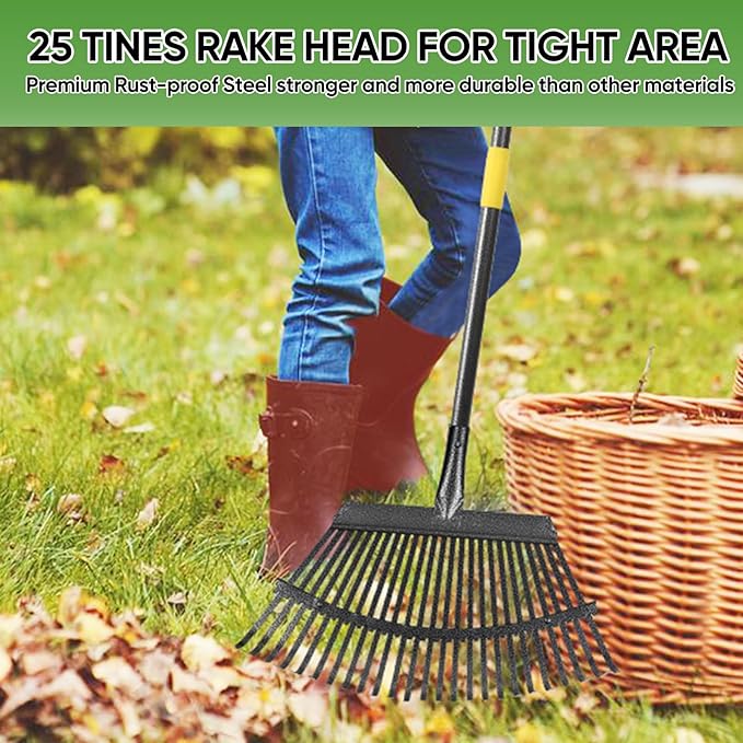 Garden Leaf Rakes, 6FT Rake for Lawns Heavy Duty 25 Metal Tines 18.5 inch Wide, Adjustable Steel Handle, Rakes for Leaves, Gathering Shrub, Grass, Yard