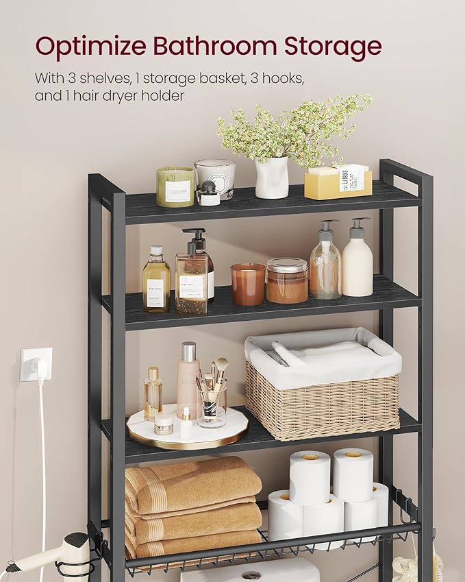 VASAGLE Over the Toilet Storage, Over Toilet Bathroom Organizer with Adjustable Shelves and Basket, 3 Hooks, Space Saving, 9.4 x 23.6 x 68.1 Inches, Ebony Black UBTS114BE01S