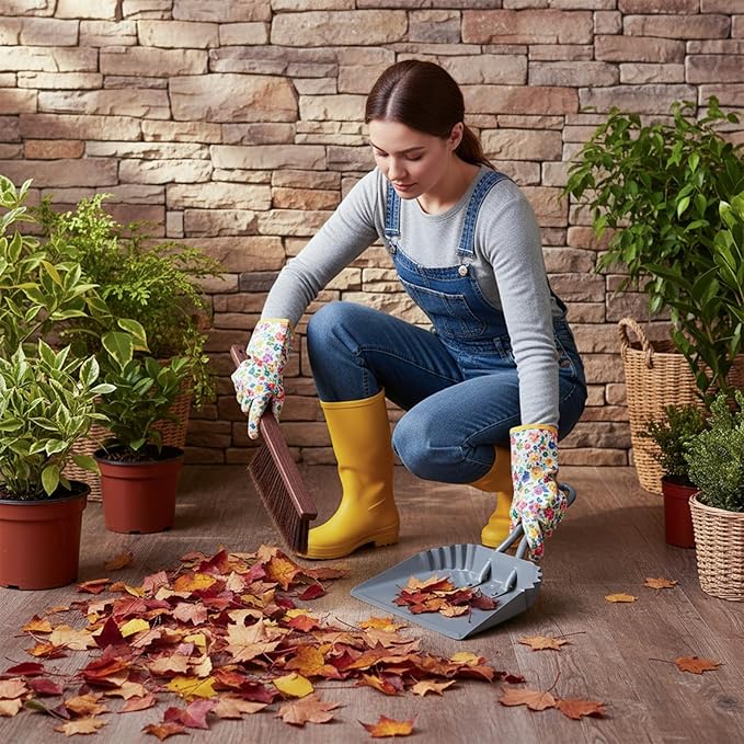 2pcs Metal Dustpan and Brush Set, 12In Extra Large Handheld Dust Pan and Wood Broom,Heavy-Duty Dust Pans Metal Edge Flat Against Floor for Patio/Pet/Car/Outdoor