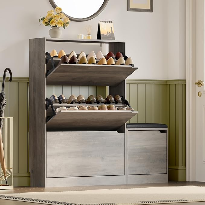BORNOON Shoe Cabinet with Bench and 3 Flip Drawers, Slim Narrow Shoe Storage Cabinet, Freestanding Shoe Rack Organizer with Adjustable & Removable Shelves, Anti-Tip for Entryway, Hallway, Foyer