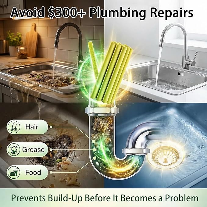Drain Cleaner and Deodorizer Sticks, 24 Pcs Enzyme Drain Sticks - Natural Clog Remover & Odor Eliminator, Prevent Clogged Drains Year-Round in Kitchen, Bathroom, Shower & Toilet