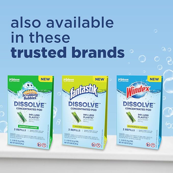 Windex Dissolve Concentrated Pods, Multisurface Cleaner Starter Kit contains 1 Reusable Bottle, 3 Concentrated Dissolvable Pods