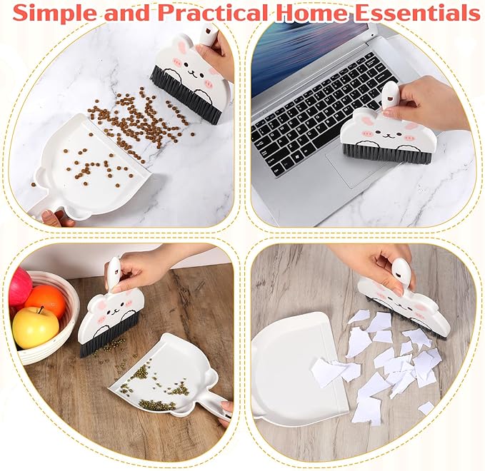 Portable Hand Broom and Dustpan Set, Cute Rabbit Design Portable Mini Broom and Dustpan Set with Durable Brush, Lightweight Dust Pan and Brooms for Desktop Kitchen Small Space Cleaning