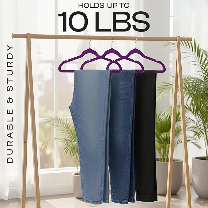 Utopia Home Velvet Hangers 50 Pack – Luxury Non-Slip Slim Pant & Coat Hangers, Strong Space-Saving Clothes Hangers with Pants Bar and 360° Swivel Hook – Purple